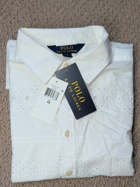 Ralph Lauren 100% cotton White Eyelet button down Broadcloth Tunic 14